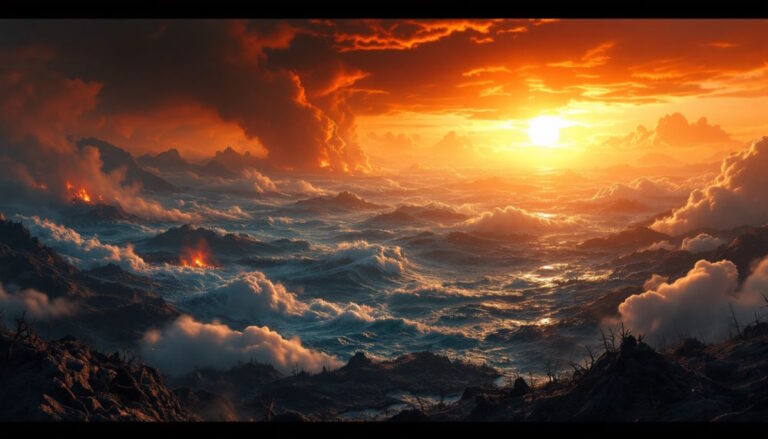 Representação dramática do planeta Terra em aquecimento global, com áreas em chamas e derretendo. O cenário mostra florestas em chamas, oceanos fervendo e uma atmosfera poluída, com iluminação quente e dramática em tons de vermelho, laranja e amarelo, contrastando com áreas escuras, em um estilo realista que transmite urgência e crise ambiental.