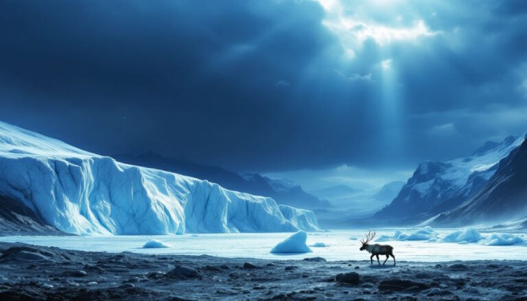 Representação realista do Ártico, mostrando o derretimento do gelo e suas consequências. O cenário inclui geleiras derretendo, renas em um ambiente em mudança, e superfícies escuras no lugar do gelo. A iluminação é fria, com áreas de iluminação intensa simbolizando o aquecimento, utilizando tons de branco e azul para o gelo, e marrom e cinza para superfícies expostas.