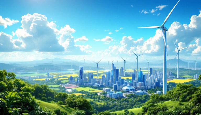 Uma ilustração futurista e inspiradora mostrando o Brasil como líder em energias renováveis e descarbonização. A imagem apresenta uma paisagem vibrante com ícones de energias renováveis, como turbinas eólicas, painéis solares e campos de biomassa, destacando elementos da Bahia. A cena utiliza luz brilhante e otimista para simbolizar inovação e progresso. Tons de verde representam sustentabilidade, azul simboliza energia limpa, e amarelo destaca inovação. O estilo é futurista e inspirador, enfatizando o potencial de liderança do Brasil na transição energética.