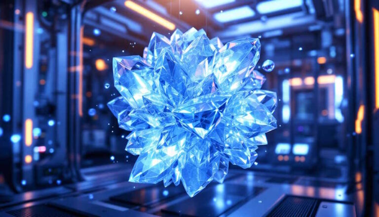 Uma ilustração futurista e informativa com close-up de cristais plásticos sendo utilizados em um sistema de refrigeração. A cena destaca detalhes do ambiente de laboratório de pesquisa ou refrigeração comercial, com luz clara e científica. Tons de azul e branco simbolizam frio e inovação tecnológica, enfatizando a busca por soluções de refrigeração ambientalmente amigáveis e o potencial revolucionário do uso de cristais plásticos.