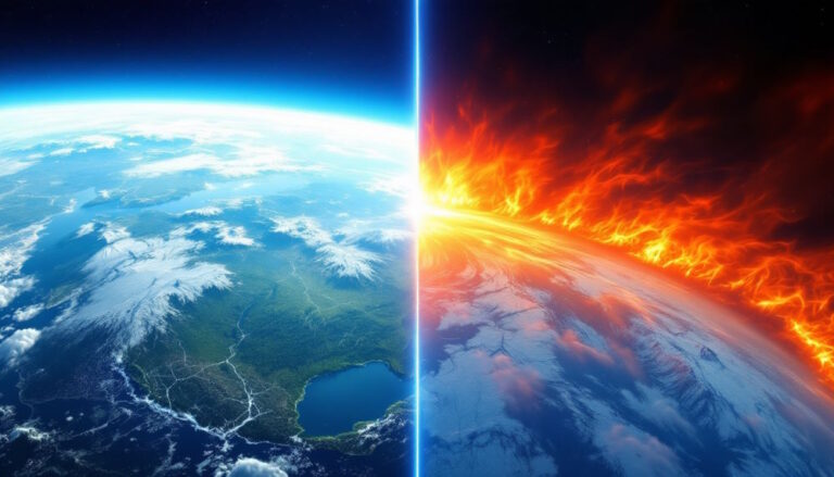 Efeito estufa e aquecimento global são a mesma coisa? Uma ilustração realista mostrando a Terra vista do espaço, com suas camadas atmosféricas destacadas. A imagem compara o efeito estufa natural e o aquecimento global. À esquerda, cores verdes e azuis representam o efeito estufa natural, onde gases como vapor d'água retêm radiação infravermelha. À direita, tons de vermelho e laranja ilustram o aquecimento global, destacando o aumento de CO2 e outros gases de efeito estufa devido a atividades humanas. A cena captura a diferença entre os processos, com uma representação clara e realista de seus impactos no clima global.