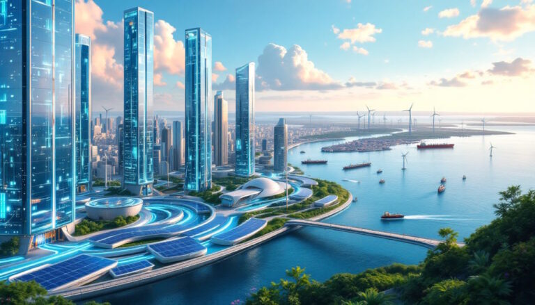 Uma ilustração futurista de um mundo impulsionado por energia limpa, destacando avanços tecnológicos em energia solar e eólica. A cena mostra painéis solares transparentes integrados em edifícios modernos, turbinas eólicas em terra e parques offshore no mar. Tons verdes e azuis são usados para simbolizar sustentabilidade e inovação. O estilo é futurista e tecnológico, capturando o potencial das energias limpas e a esperança de um futuro sustentável.