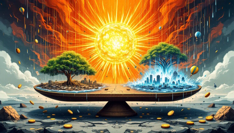 Clima quente e alta da inflação: tudo a ver Uma ilustração informativa e simbólica mostrando a relação entre clima extremo e inflação no Brasil. A imagem apresenta uma balança, com símbolos de extremos climáticos, como sol escaldante e chuva torrencial, de um lado, e ícones de inflação, como moedas e gráficos de preços subindo, do outro. A luz dramática destaca o impacto dos extremos climáticos na economia. Tons de amarelo e vermelho representam calor e inflação, enquanto azul simboliza chuva e tempestades. O estilo é informativo e simbólico, enfatizando a complexidade da relação entre clima e economia.