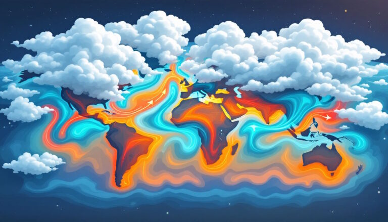 Infográfico dos rios atmosféricos, mostrando correntes de vapor de água na atmosfera, mapas com trajetórias dos rios, e efeitos climáticos como nuvens densas e ondas de calor. A imagem apresenta iluminação dinâmica, com tons de azul e branco para vapor e nuvens, e acentos de vermelho e laranja para simbolizar calor. O estilo infográfico destaca o movimento e impacto climático