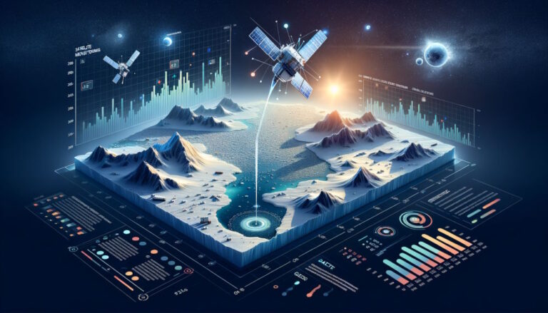 NASA e Agência Espacial Européia monitoram juntas gelo derretido na Groelândia Infográfico da Groenlândia mostrando o derretimento do gelo e o monitoramento por satélites. A imagem inclui a camada de gelo da Groenlândia, satélites em órbita, e gráficos representando dados de derretimento. A iluminação é clara, com tons de branco e azul para o gelo, acentos metálicos para os satélites, e gráficos coloridos para dados. O estilo infográfico destaca a vigilância e colaboração científica entre a NASA e a Agência Espacial Europeia.