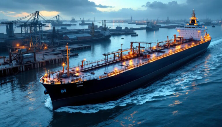 Uma ilustração realista de um petroleiro tentando atracar em um porto parcialmente inundado devido ao aumento do nível do mar. A cena mostra portos em risco, com água subindo e cobrindo parte das docas. Tons de azul são usados para representar a água e tons de cinza para o petroleiro e as docas. O estilo é realista e informativo, destacando a ironia e as consequências do aquecimento global impulsionado pelos combustíveis fósseis.