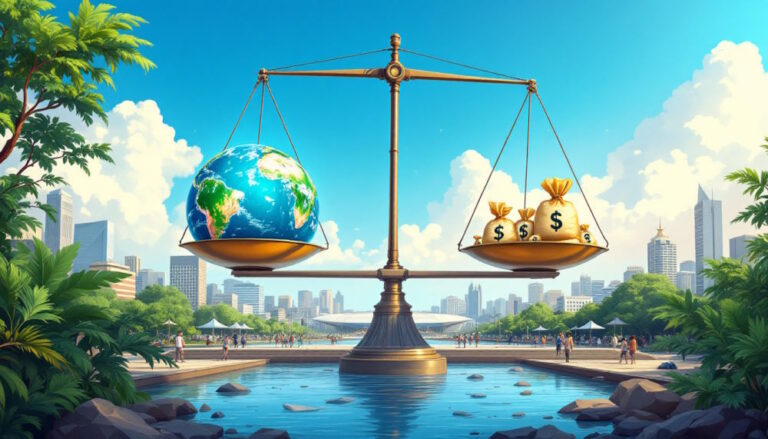 ONU elege as prioridades de 2025 no combate à crise climática Uma ilustração realista das prioridades da ONU para 2025 no combate à crise climática. A cena retrata Belém do Pará durante a COP30, com detalhes da cidade e do evento. No centro, uma balança simboliza o equilíbrio entre o planeta Terra e sacos de dinheiro, representando o financiamento climático. Nuvens de plástico flutuam no céu, simbolizando a poluição plástica.