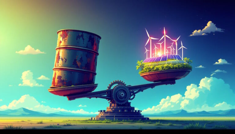 Uma ilustração simbólica de uma balança representando a transição energética. De um lado da balança, há barris de petróleo simbolizando combustíveis fósseis, e do outro lado, fontes de energia limpa como painéis solares e turbinas eólicas. A cena destaca a mudança das energias tradicionais para as renováveis, utilizando tons escuros para representar o petróleo e tons verdes e azuis para simbolizar energias limpas. O estilo é simbólico e informativo, destacando a importância e a urgência da transição para um futuro sustentável.