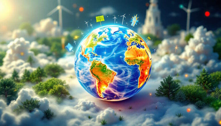 Infográfico do colapso climático, apresentando o planeta Terra com gráficos de temperatura, ícones de gases de efeito estufa, mapas mundiais destacando áreas afetadas, e representações de soluções como reflorestamento e energias renováveis. A imagem possui iluminação clara e neutra, com tons de azul e verde, e acentos de vermelho para destacar áreas de preocupação.