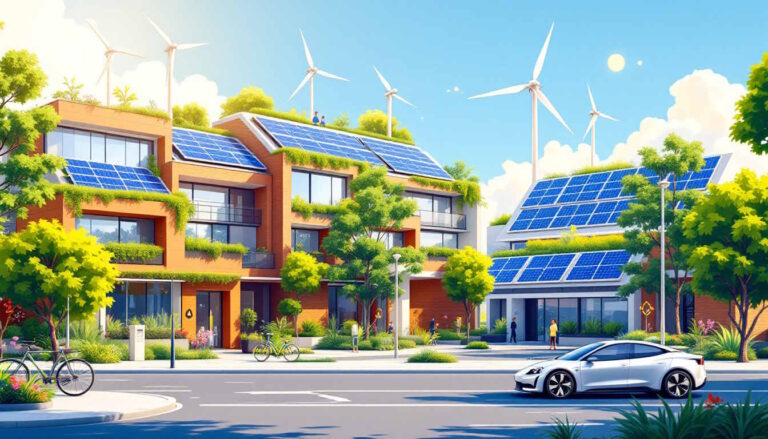 Uma ilustração moderna e inspiradora destacando construções sustentáveis como aliadas da descarbonização, com ênfase em energia solar. A cena apresenta um bairro moderno com edifícios sustentáveis, equipados com painéis solares em telhados verdes, turbinas eólicas e espaços verdes. Ícones de sustentabilidade, como símbolos de reciclagem, eficiência energética, e mobilidade sustentável, incluem bicicletas e veículos elétricos. A luz natural brilhante representa um ambiente saudável e sustentável. Tons de verde simbolizam sustentabilidade, azul para inovação tecnológica, e toques de branco para pureza e eficiência. O estilo é moderno e inspirador, destacando a harmonia entre urbanização e natureza.