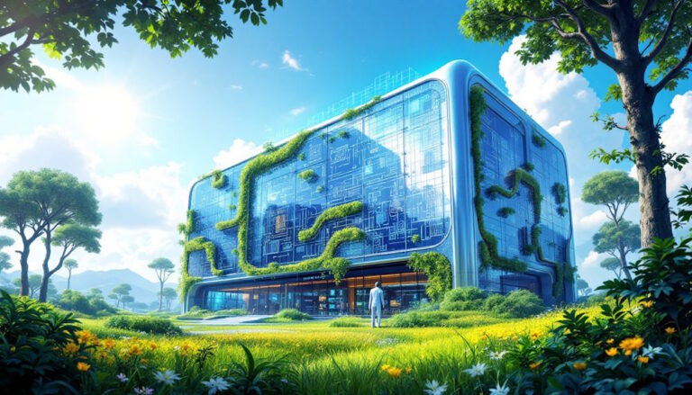 Inteligência da IA também depende de sua sustentabilidade Uma ilustração futurista e inspiradora mostrando a integração da inteligência artificial com práticas sustentáveis. A cena apresenta um datacenter ecológico, cercado por painéis solares e vegetação. Ícones de IA, como circuitos e gráficos, simbolizam a tecnologia. A luz brilhante e otimista representa inovação e sustentabilidade. Tons de verde destacam a sustentabilidade, azul simboliza tecnologia e inovação, e toques de dourado indicam sucesso e progresso. O estilo é futurista e inspirador, destacando o potencial da IA em harmonia com a sustentabilidade.