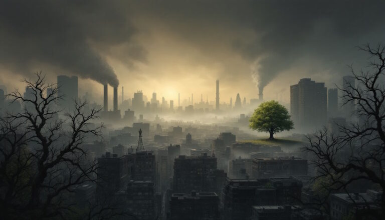 Uma ilustração realista e impactante mostrando os efeitos nocivos da poluição do ar na saúde humana e no meio ambiente. A cena apresenta uma cidade grande com um céu poluído, árvores murchas e ícones de poluentes, como fumaça de chaminés e veículos. A luz sombria simboliza os efeitos adversos da poluição. Tons de cinza e marrom representam poluição e degradação, enquanto toques de verde simbolizam esperança e a necessidade de mudança. O estilo é realista e impactante, destacando a urgência da situação e a necessidade de ação.