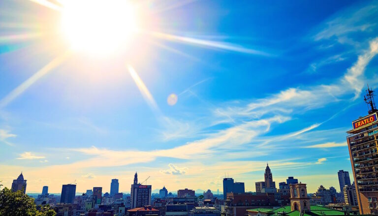 Um dia ensolarado em São Paulo, mostrando um sol forte e vibrante sobre a cidade, com cores vivas iluminando a atmosfera.
